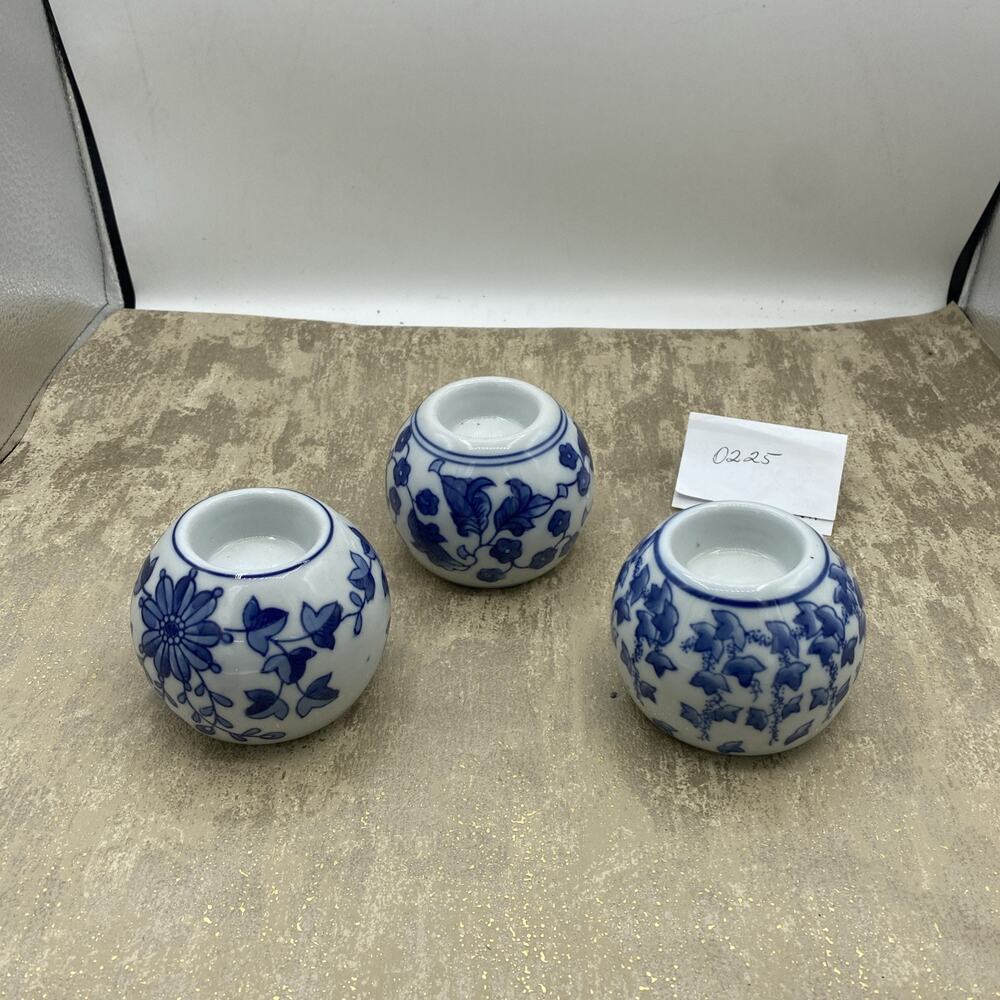 Set Of Three Bombay Votive Tea Light Candle Holders Blue & White 3”X 3”